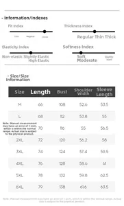 Size chart showing jacket measurements from M up to 6XL with length and chest details