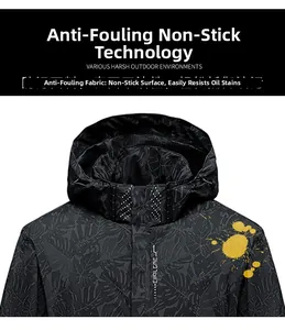 Détail de la veste de randonnée camouflage avec test de résistance aux taches de liquide