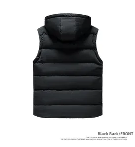 Detail view showing the back of a black hooded puffer vest with horizontal quilting