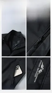 Detail view of men's casual jacket showing stand collar, smooth zipper and zip pockets