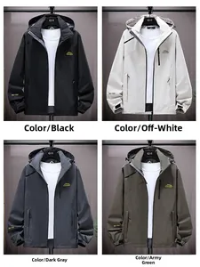 Outdoor windbreaker jackets in black, off-white, dark grey, and army green colors