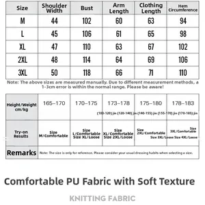 Detailed size chart for men PU leather jacket featuring measurements from M to 4XL