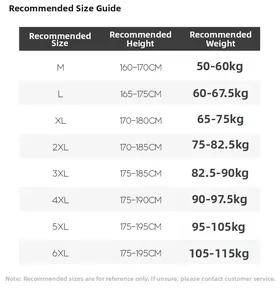 Size chart for casual spring jackets with weight and height guide from M to 6XL