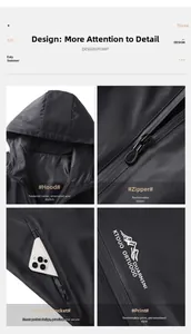 Détails d'une veste noire imperméable avec capuche, poches zippées et texture de tissu quadrillé