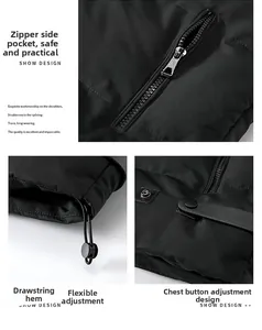 Detail view of the zipper pocket, adjustable drawstring hem, and buckle strap on black vest