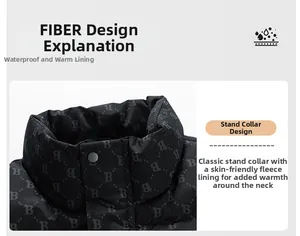 Close-up of winter vest stand collar with letter print and skin-friendly fleece lining