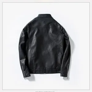 Rear view of black PU leather jacket showing stand collar and silver cuff zipper detail