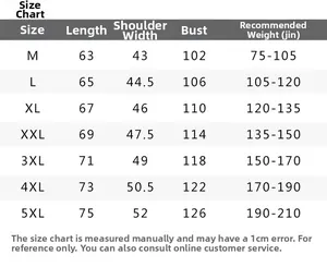 Detailed size chart for men casual jacket from M to 5XL with specific measurements