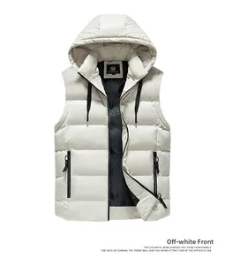 Close-up of beige hooded puffer vest featuring horizontal quilting and black inner lining