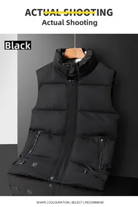 Detail of black winter vest with stand collar, windproof matte fabric and zipper pockets