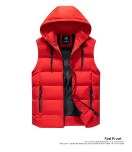 Detailed front view of red hooded puffer vest with black zipper and quilted texture