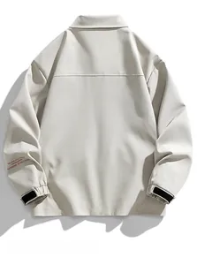 Back view of light beige casual jacket showing flat-lay design and stitching detail