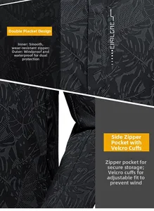Détail de la double patte, poche zippée et poignets velcro sur la veste à imprimé feuilles