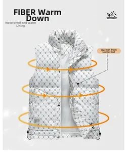 Detail of white quilted vest with B-letter print, stand collar and waterproof fabric