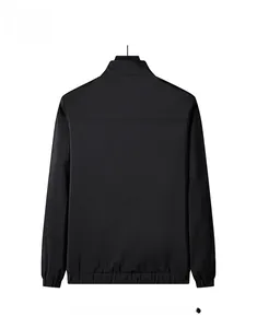 Rear view of black casual stand collar jacket with ribbed cuffs and elastic hemline