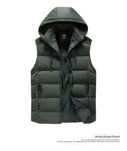 Detail view of army green hooded vest with quilted design and side zipper pockets