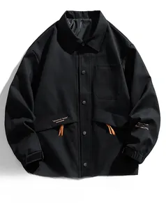 Detail of black casual jacket featuring turn-down collar and orange drawstring accents