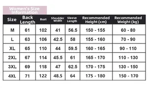 Detaillierte Größentabelle für Damen-Outdoorjacken mit Maßen von Größe M bis 4XL