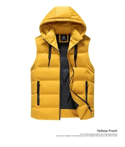 Detail of hooded yellow puffer vest with black zipper and internal logo label