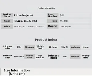 Size chart and fabric composition for PU leather jacket showing colors and materials