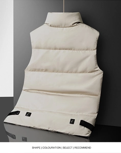 Detail view of winter beige vest showing windproof stand collar and side snap buttons