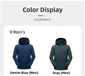 Détail de vestes outdoor à capuche pour hommes en bleu denim et gris foncé à micro-imprimé
