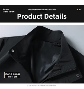 Detailed close-up of a men's black casual jacket featuring a stand collar and metal zipper