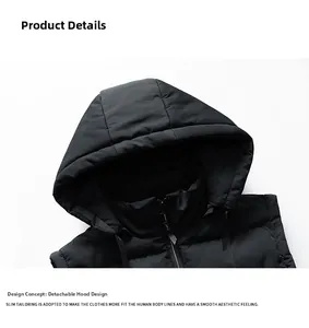 Detail view of the black men's padded vest with a functional detachable hood design