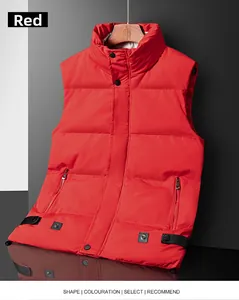 Detail of red stand collar puffer vest featuring zipper pockets and adjustable hem
