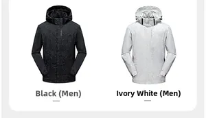 Détail de vestes d'extérieur coupe-vent noires et ivoire avec motifs de feuilles