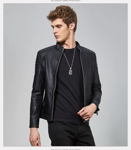 Close-up of black PU leather jacket featuring quilted shoulders and a stand collar design