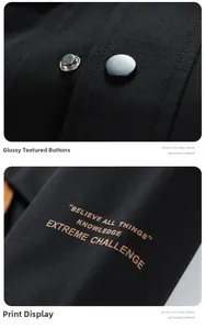 Detail of metal buttons and vintage inspirational print on black casual jacket