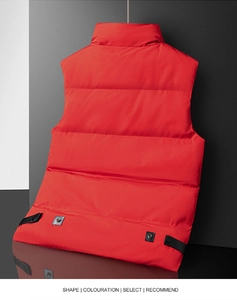 Detail view of red quilted puffer vest back with adjustable black side straps and studs