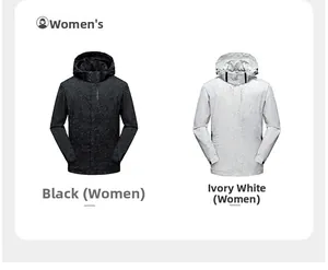 Vue détaillée des vestes de plein air pour femmes en noir et ivoire avec texture feuille