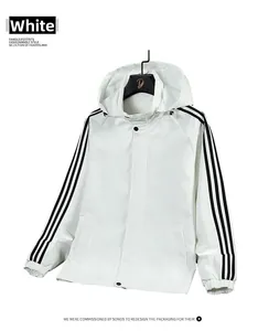 Close-up of white oxford fabric jacket with elastic cuffs and black snap buttons