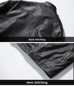 Detailed stitching on back panel and hem of black PU leather jacket for men