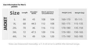Size chart for men winter padded vest jacket with detailed length and weight measurements