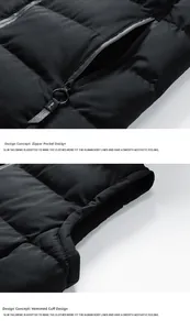 Detail view of smooth zipper pockets and bound armholes on black padded vest for men