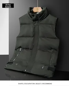 Detail of dark army green padded vest featuring a high collar and zipper pockets