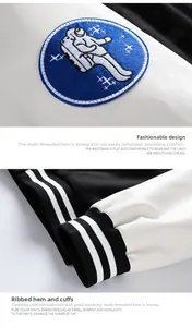 Detail of baseball jacket featuring astronaut embroidery and striped ribbed cuffs