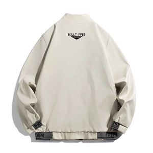 Men's casual stand collar jacket in beige with back letter print and ribbed cuffs
