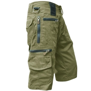 Men's olive green multi-pocket cotton cargo shorts with metal zippers and D-ring