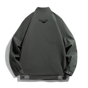 Men's casual stand collar jacket in dark grey-green with stylish back graphic print