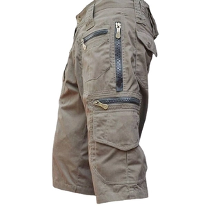 Men's khaki cargo shorts featuring multiple functional pockets and durable metal zippers