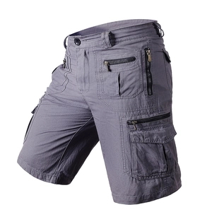 Men's loose straight dark grey cargo shorts with multiple pockets and cotton fabric