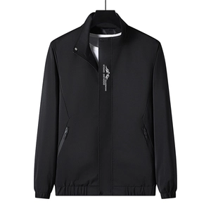 Men's casual black stand-collar windbreaker jacket with zipper and pocket details