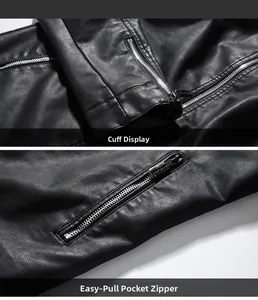 Detailed close-up of cuff stitching and smooth metal side pocket zipper on black faux leather jacket