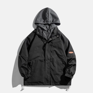 Men's casual loose hooded jacket in black with grey double-layered design and drawstrings