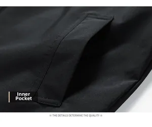 Macro shot of the inner pocket and neat stitching on black men's oxford cardigan jacket