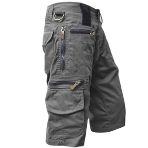 Men's loose cargo shorts in dark grey cotton with multiple utility pockets and D-ring